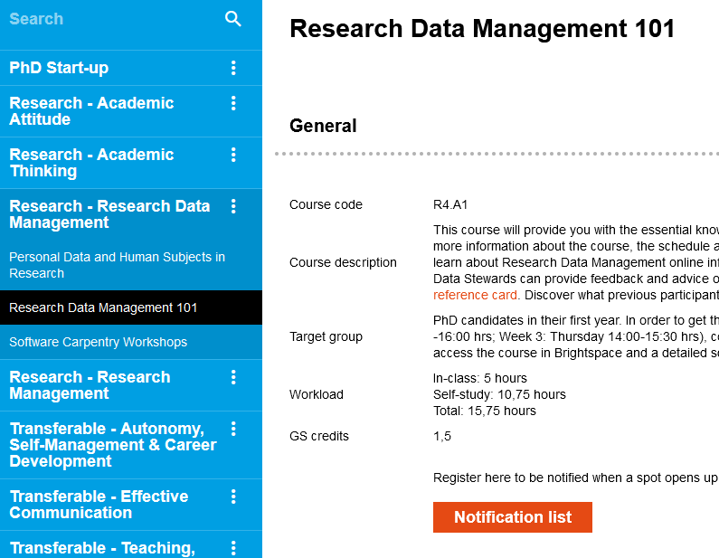 Screenshot of the training portal of the graduate school website. The selected page is the Research Data Management 101 course under the header Research - Research Data Management