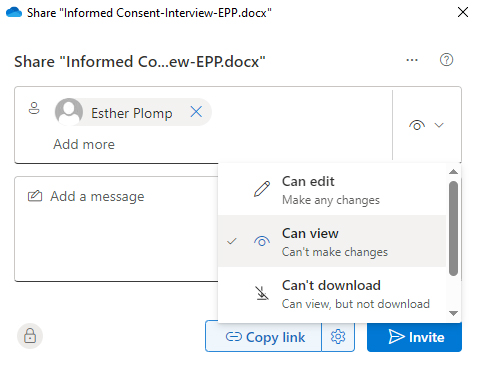 OneDrive share window where the access options are available: can edit, can view, can't download.