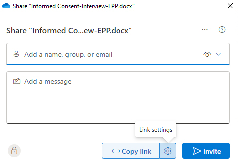 OneDrive sharing window with the link settings selected