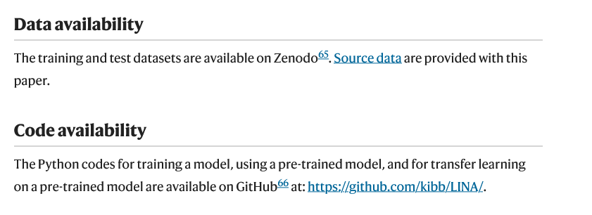 Data availability  The training and test datasets are available on Zenodo65. Source data are provided with this paper. Code availability  The Python codes for training a model, using a pre-trained model, and for transfer learning on a pre-trained model are available on GitHub66 at: https://github.com/kibb/LINA/.