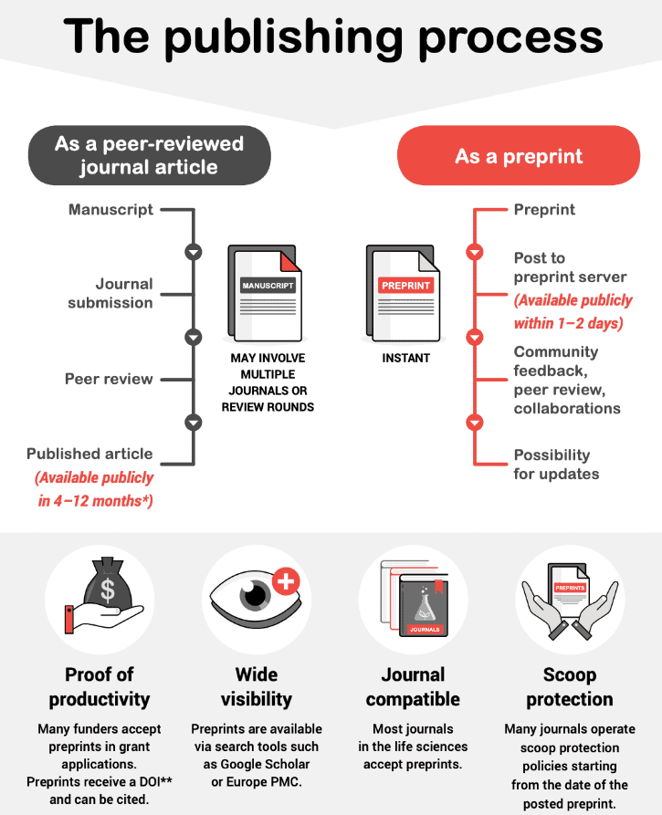The publishing process outlined, with differences listed for peer-reviewed journal articles and preprints.  Peer reviewed journal articles may involve multiple journals or review rounds, with possible multiple steps for submission and review, resulting in a published article that can take up to a year.  Preprints can be posted to a preprint server within 1-2 days, where the community can provide feedback and review which can still be incorporated in any updates of the article.  Preprints can provide proof of productivity (funders now accept them, and preprints receive a DOI and can be cited). They also increase visibility as they are available via search tools such as Google Scholar. They are compatible with journals as most journals now accept preprints. They may also protect you from being scooped as the preprint has release date.