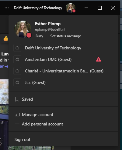 The menu of teams you'll see when you select your account/portrait. In Esther's case she is part of the University Amsterdan UMC and the Charité as a Guest.